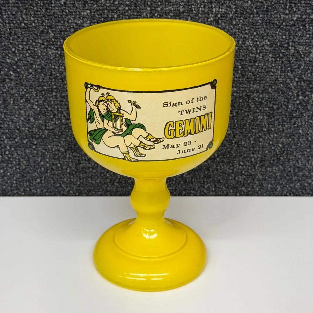 Vtg Gemini Zodiac Sign of the Twins Glass Goblet Yellow Chalice Astrology Retro